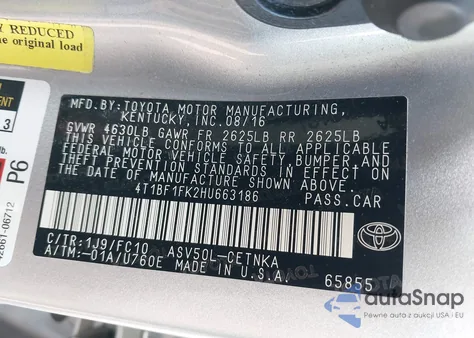 2017 Toyota Camry Le z USA, uszkodzony, nr VIN 4T1BF1FK2HU663186